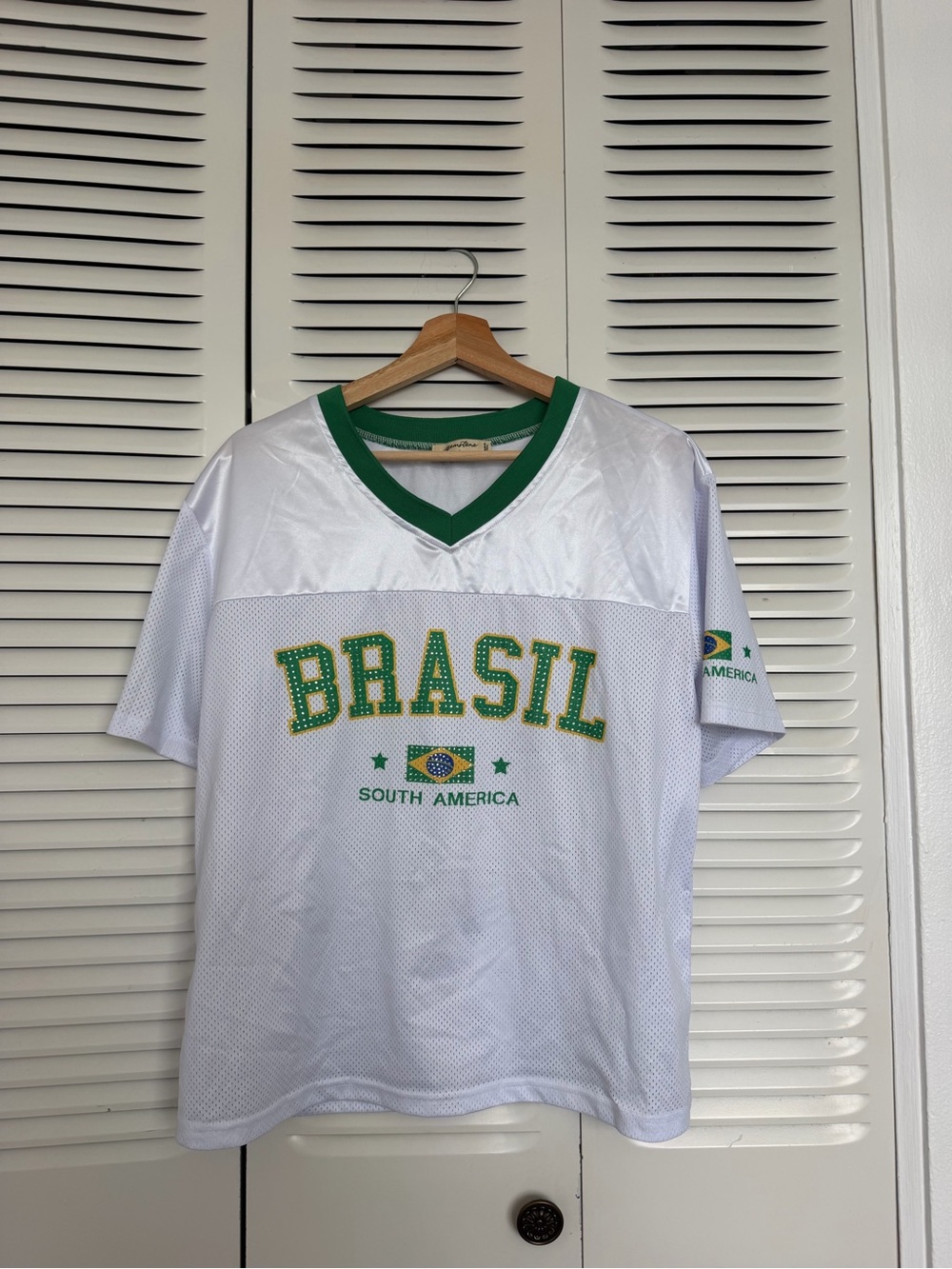 Brasil Short-Sleeve Jersey Top - White with Green Trim